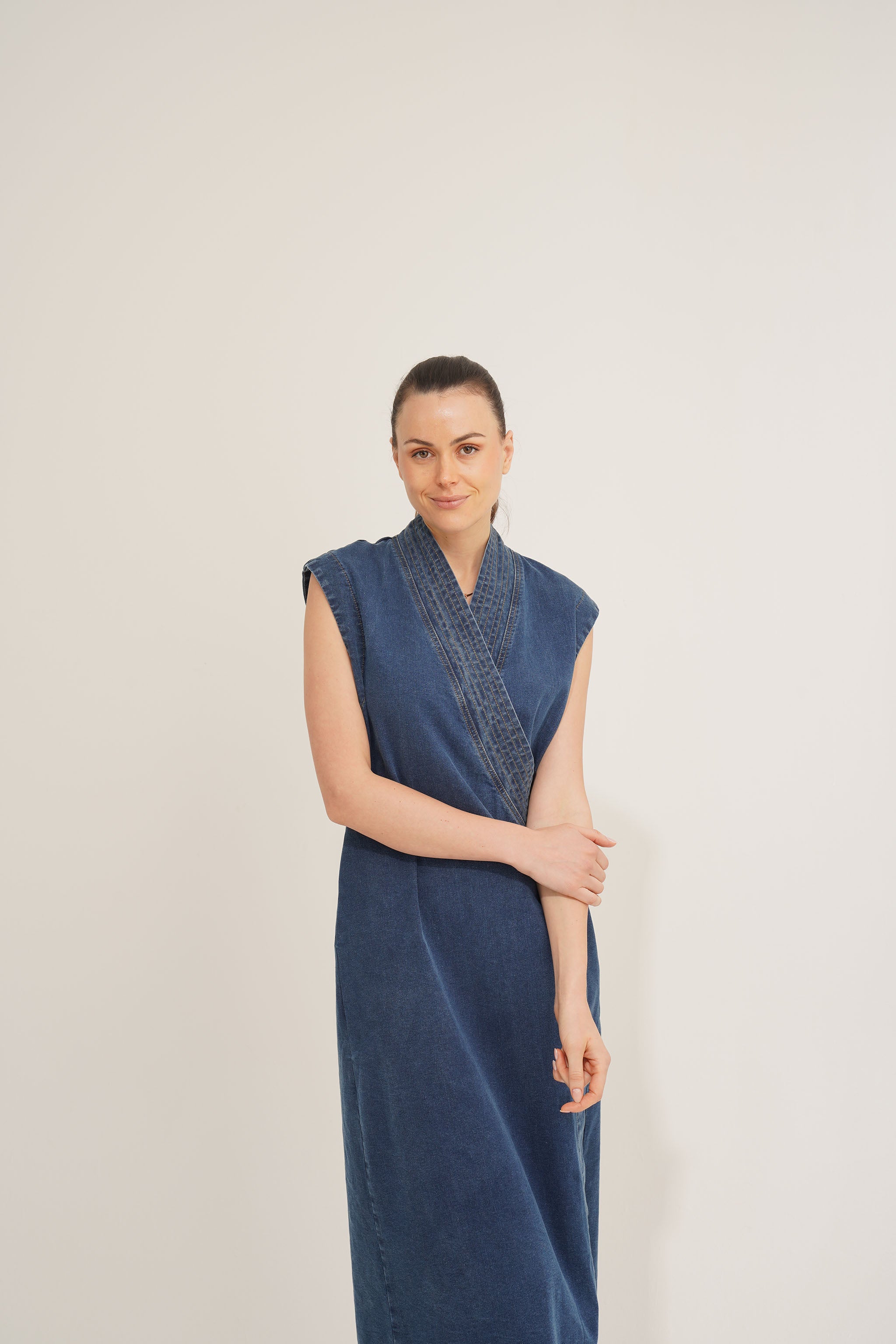 Recycled Denim Sleeveless Midi Dress